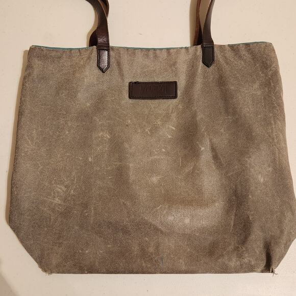 Atomic Freedom Distressed Leather & Canvas Grey Tote Bag Green Lining Grunge - Picture 2 of 11